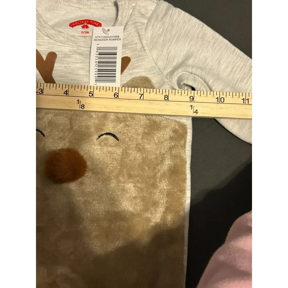 NWT Holiday Time Baby Reindeer Romper Beige 0-3M Christmas Onesie